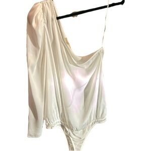 ee:some NWOT White 1Puff L Slv, Thin Silky Material, w/Mesh Snap Thong, Bodysuit